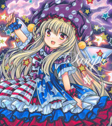 Rule 34 | 1girl, american flag dress, arm up, blonde hair, blue background, blue dress, blue sleeves, blush, bow, clownpiece, dress, dress bow, fairy wings, fire, hair between eyes, hand up, hat, jester cap, long hair, looking at viewer, marker (medium), multicolored clothes, multicolored dress, multicolored eyes, open mouth, purple bow, purple hat, red dress, red eyes, red sleeves, rui (sugar3), sample watermark, short sleeves, smile, solo, star (symbol), star print, starry background, striped clothes, striped dress, torch, touhou, traditional media, watermark, white dress, white sleeves, wings, wrist cuffs, yellow eyes