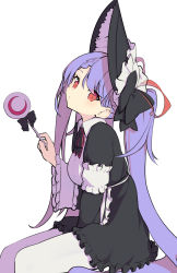 Rule 34 | 1girl, bad id, bad pixiv id, between legs, black dress, black headwear, bonnet, braid, breasts, collared shirt, commentary request, dress, frilled sleeves, frills, hair between eyes, hand between legs, highres, holding, long hair, long sleeves, original, pantyhose, paryi, purple hair, red eyes, shirt, simple background, sitting, small breasts, solo, twintails, very long hair, white background, white pantyhose, white shirt, wide sleeves