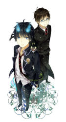 Rule 34 | 2boys, ao no exorcist, bad id, bad pixiv id, black hair, black jacket, blacky, brothers, collared shirt, dress shirt, flame-tipped tail, highres, jacket, kuro (ao no exorcist), long sleeves, looking at viewer, male focus, multiple boys, necktie, okumura rin, okumura yukio, pants, pointy ears, red necktie, sakumochi41, shirt, siblings, simple background, standing, white background, white shirt