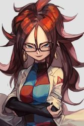 Rule 34 | 1girl, android 21, black-framed eyewear, blue eyes, breasts, brown hair, checkered clothes, checkered dress, curly hair, dragon ball, dragon ball fighterz, dress, earrings, glasses, grey background, hoop earrings, hungry clicker, jacket, jewelry, lab coat, long hair, looking at viewer, medium breasts, nail polish, open mouth, smile, solo, upper body