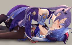 Rule 34 | 2girls, 4tb (4tera byte), all fours, black bodysuit, black gloves, blue hair, blush, bodysuit, choker, closed eyes, commentary, cone hair bun, detached sleeves, double bun, french kiss, from side, ganyu (genshin impact), genshin impact, gloves, grey background, hair between eyes, hair bun, hair ornament, highres, holding hands, horns, interlocked fingers, keqing (genshin impact), kiss, long hair, long sleeves, looking at another, lying, multiple girls, on back, purple gloves, purple hair, short sleeves, sidelocks, simple background, sweatdrop, twintails, vision (genshin impact), yuri