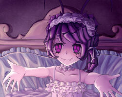 Rule 34 | 1girl, alternate hairstyle, antennae, arthropod girl, chongwu woniu, closed mouth, clothing request, collarbone, commentary request, dress, entoma vasilissa zeta, extra pupils, eyelashes, fangs, hair ribbon, hairband, highres, looking at viewer, medium hair, monster girl, on bed, open hands, outstretched arms, overlord (maruyama), pillow, purple eyes, purple hair, ribbon, skin fangs, smile, solo, upper body, white dress, white hairband, white ribbon