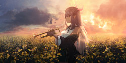 Rule 34 | 1girl, absurdres, backlighting, bare shoulders, black jacket, blouse, brown hair, cloud, cloudy sky, collared shirt, day, expressionless, fantasy, field, flower, flower field, from side, highres, holding, holding instrument, horns, huge filesize, instrument, jacket, long hair, long sleeves, looking away, meadow, off shoulder, original, outdoors, pointy ears, sagiri (ulpha220), scenery, shirt, sidelocks, sky, sleeveless, sleeveless shirt, solo, sunlight, trumpet, white shirt, wide shot, yellow flower