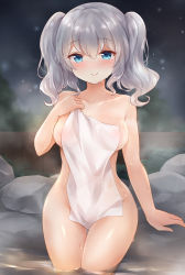 Rule 34 | 1girl, blue eyes, blush, breasts, closed mouth, collarbone, commentary request, completely nude, covering privates, holding, holding towel, kantai collection, kashima (kancolle), long hair, medium breasts, night, nikoo, nude, nude cover, onsen, outdoors, rock, silver hair, smile, solo, standing, steam, thigh gap, towel, twintails, wading, water, wavy hair