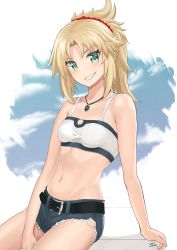 Rule 34 | 1girl, absurdres, arm support, bare arms, bare shoulders, belt, black belt, blonde hair, blush, braid, breasts, collarbone, commentary, crop top, denim, denim shorts, fang, fate/grand order, fate (series), green eyes, grin, hair ornament, hair scrunchie, highres, jewelry, lazycoffee (wyen iscordo), long hair, looking at viewer, mordred (fate), mordred (fate/apocrypha), mordred (memories at trifas) (fate), navel, necklace, parted bangs, ponytail, red scrunchie, scrunchie, short shorts, shorts, sitting, small breasts, smile, solo, stomach, thighs