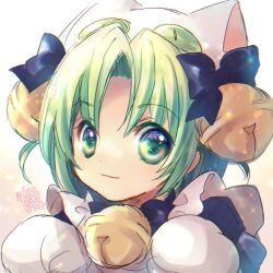 Rule 34 | 1girl, absurdres, animal hands, animal hat, apron, bell, cat hat, dejiko, di gi charat, gloves, green eyes, green hair, hair bell, hair ornament, hat, highres, jingle bell, koge donbo, maid apron, mittens, paw gloves, signature, simple background, smile, white mittens
