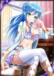 Rule 34 | 1girl, akkijin, aqua eyes, blue hair, bra, breasts, chair, cleavage, coat, crossed legs, curtains, desk, earrings, feathers, female focus, frills, hair ornament, indoors, jewelry, looking at viewer, miniskirt, necklace, nurse, official art, open mouth, pen, shinkai no valkyrie, sitting, skirt, solo, stomach, thighhighs, underwear, white thighhighs