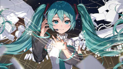 Rule 34 | 1girl, absurdres, black sleeves, blue eyes, blue hair, blue nails, blue necktie, closed mouth, detached sleeves, haru yu, hatsune miku, hatsune miku happy 16th birthday -dear creators-, headset, highres, long hair, looking at viewer, necktie, smile, solo, twintails, very long hair, vocaloid