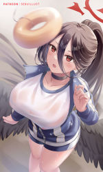 Rule 34 | 1girl, black hair, black wings, blue archive, breasts, choker, collarbone, covered erect nipples, cowboy shot, doughnut, feathered wings, food, from above, gym uniform, hair between eyes, halo, hasumi (blue archive), hasumi (track) (blue archive), highres, jacket, large breasts, long bangs, low wings, lure, mole, mole under eye, open mouth, red eyes, sebu illust, see-through, short shorts, shorts, solo, track jacket, wet, wet clothes, wings