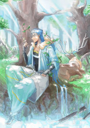 Rule 34 | 1boy, animal, belt, blue hair, bracelet, branch, capelet, closed mouth, cu chulainn (caster) (fate), cu chulainn (fate), cu chulainn (fate/stay night), deer, earrings, closed eyes, fairy, fate/grand order, fate (series), forest, fur-trimmed hood, fur trim, hood, hood down, hooded capelet, horns, jewelry, kahunout, leaf, long hair, male focus, nature, outdoors, pants, red eyes, smile, solo, spiked hair, sunlight, toeless footwear, type-moon, very long hair, water