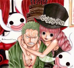 Rule 34 | 1boy, 1girl, angry, artist request, breasts, cake, cleavage, clenched teeth, devil fruit, dress, drill hair, earrings, facial scar, floating, food, ghost, green hair, hat, horo horo no mi, hug, jewelry, large breasts, long hair, looking at another, looking at viewer, muscular, one piece, perona, pink hair, roronoa zoro, scar, scar across eye, scar on cheek, scar on face, smile, teeth, twitter username, very long hair
