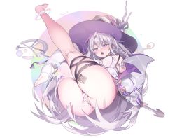 Rule 34 | 1girl, ass, blush, commission, full body, gogoco, hat, highres, large hat, long hair, long sleeves, looking at viewer, open mouth, original, purple eyes, purple hat, rostina cosmos, silver hair, single thighhigh, solo, thigh strap, thighhighs, thighs, white thighhighs