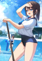 Rule 34 | &gt; o, 2girls, :d, ;d, absurdres, arm up, bare arms, bare legs, bare shoulders, barefoot, blue eyes, blue neckerchief, blue one-piece swimsuit, blue sailor collar, blue sky, breasts, brown hair, chain-link fence, cloud, commentary request, covered navel, day, fence, fingernails, green eyes, hair between eyes, highres, holding, holding hose, hose, instant (ioarthus), long hair, multiple girls, neckerchief, old school swimsuit, one-piece swimsuit, one eye closed, open mouth, original, outdoors, ponytail, sailor collar, school swimsuit, school uniform, serafuku, shallow water, shirt, short sleeves, sky, small breasts, smile, standing, standing on one leg, swimsuit, swimsuit under clothes, water, water drop, white shirt