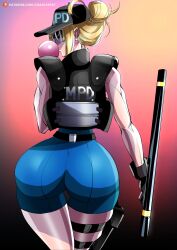 Rule 34 | 1girl, alternate costume, artist name, ass, ass focus, baton, baton (weapon), blonde hair, bodysuit, bulletproof vest, capcom, chanleefat, chewing gum, earrings, final fight, final fight 3, from behind, gloves, hat, highres, jewelry, looking back, lucia morgan, muscular, muscular female, official alternate costume, police, police uniform, policewoman, ponytail, shiny skin, sidelocks, skin tight, skindentation, street fighter, street fighter v, sunglasses, thick thighs, thigh strap, thighs, toned, uniform, weapon