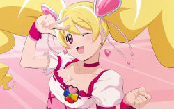 Rule 34 | 1girl, blonde hair, breasts, choker, cleavage, collarbone, cure peach, earrings, fresh precure!, fuchi (nightmare), hair ornament, heart, heart earrings, heart hair ornament, jewelry, large breasts, long hair, looking at viewer, momozono love, one eye closed, open mouth, pink choker, pink eyes, precure, puffy short sleeves, puffy sleeves, short sleeves, smile, solo, twintails, upper body, v
