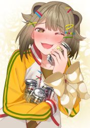 Rule 34 | 1girl, absurdres, animal ears, animare, beer can, blush, brown eyes, brown hair, can, collarbone, drink can, hair ornament, hairclip, heart, heart in eye, highres, holding, holding can, jacket, konan mia, long sleeves, multicolored clothes, multicolored jacket, nanashi inc., one eye closed, open clothes, open jacket, open mouth, short hair, smile, solo, symbol in eye, tonarikeru, track jacket, two-tone jacket, upper body, virtual youtuber