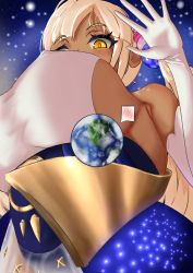 Rule 34 | 1girl,  deuce, armpits, blush, breasts, dark skin, earth (planet), from below, giant, giantess, highres, holocouncil, hololive, hololive english, large breasts, planet, space, tsukumo sana, virtual youtuber, yellow eyes