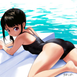 Rule 34 | 1girl, all fours, ass, black hair, black one-piece swimsuit, black school swimsuit, brown eyes, commentary request, dot nose, embarrassed, female focus, foot out of frame, from behind, from side, looking at viewer, looking to the side, one-piece swimsuit, original, pool, poolside, rohitsuka, school swimsuit, signature, solo, swimsuit, tearing up, tears, water, wavy mouth