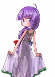 Rule 34 | 1girl, ahoge, blue bow, blunt bangs, blush, bow, clothes lift, dress, dress lift, female focus, from behind, hair bow, lifted by self, long hair, looking at viewer, looking back, patchouli knowledge, purple eyes, purple hair, red bow, see-through, simple background, solo, standing, tao, tao (kadoya), touhou, white background