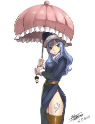 Rule 34 | 1girl, 2022, belt, belt buckle, black eyes, blue dress, blue hair, boots, breasts, brown belt, brown legwear, buckle, character doll, dated, dress, expressionless, fairy tail, fur-trimmed sleeves, fur trim, hair between eyes, highleg, highres, holding, holding umbrella, juvia lockser, large breasts, leg tattoo, long hair, long sleeves, looking at viewer, mashima hiro, official art, parted lips, red umbrella, shiny clothes, shiny legwear, side slit, signature, simple background, smile, solo, tattoo, thigh boots, turtleneck dress, umbrella, white background