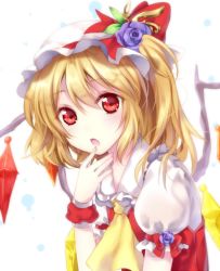 Rule 34 | 1girl, arm ribbon, ascot, backlighting, bad id, bad pixiv id, blonde hair, dress, flandre scarlet, flower, hand to own mouth, hat, hat flower, unworn hat, hat ribbon, unworn headwear, looking at viewer, open mouth, puffy sleeves, purple flower, purple rose, red dress, red eyes, ribbon, riichu, rose, shirt, short sleeves, side ponytail, solo, touhou, wings, wrist cuffs