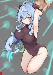 Rule 34 | 1girl, absurdres, ahoge, armpits, arms up, arrow (projectile), bare arms, black leotard, blue hair, blush, bodystocking, bodysuit, bow (weapon), breasts, covered navel, ganyu (genshin impact), genshin impact, groin, highres, holding, holding bow (weapon), holding weapon, horns, johnny (braun-kan cafe), large breasts, leotard, light smile, long hair, looking at viewer, no legwear, purple eyes, sidelocks, skyward harp (genshin impact), sleeveless, solo, thighlet, thighs, weapon