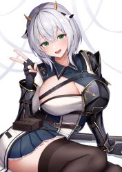 Rule 34 | 1girl, :d, animal ears, armor, black gloves, black thighhighs, blue dress, breasts, cow ears, cow horns, dress, fake animal ears, fake horns, fingerless gloves, gloves, green eyes, grey hair, hair between eyes, hand up, highres, hololive, horns, large breasts, looking at viewer, menmen (menmen13s), mole, mole on breast, open mouth, shirogane noel, shirogane noel (1st costume), short hair, shoulder armor, sitting, smile, solo, thighhighs, two-tone dress, v, virtual youtuber, white dress, yokozuwari, zettai ryouiki