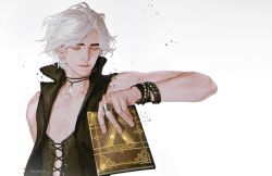 Rule 34 | 1boy, bare shoulders, black coat, book, bracelet, closed mouth, coat, devil may cry (series), devil may cry 5, devil trigger, closed eyes, holding, holding book, jewelry, kenny (poe90), male focus, necklace, ring, signature, simple background, smile, solo, tooth necklace, twitter username, upper body, v (devil may cry), white background, white hair