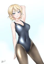 Rule 34 | 1girl, arm behind head, arm up, artist name, black pantyhose, blonde hair, blue eyes, blue one-piece swimsuit, blush, braid, closed mouth, commentary request, covered navel, cowboy shot, darjeeling (girls und panzer), daroon5, dutch angle, girls und panzer, half-closed eyes, highres, korean commentary, looking at viewer, mixed-language commentary, one-piece swimsuit, pantyhose, pantyhose under swimsuit, partial commentary, school swimsuit, short hair, signature, smile, solo, standing, swimsuit, thighs, twin braids