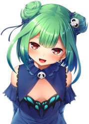 Rule 34 | 1girl, :d, bare shoulders, blue bow, bow, breasts, breasts apart, commentary request, double bun, dress, earrings, furrowed brow, green hair, hair bow, hair bun, hair ornament, head tilt, highres, hololive, jewelry, looking at viewer, noshimasa, open mouth, red eyes, simple background, skull earrings, skull hair ornament, small breasts, smile, solo, uruha rushia, uruha rushia (1st costume), virtual youtuber, white background