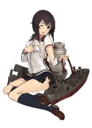 Rule 34 | 10s, 1girl, black hair, full body, game cg, grey eyes, gym shirt, hayasui (kancolle), jacket, kantai collection, kneehighs, konishi (koconatu), loafers, looking at viewer, official art, pleated skirt, school uniform, shirt, shoes, short hair, skirt, smile, socks, solo, torn clothes, torn shirt, torn skirt, track jacket, transparent background, turtleneck