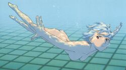 Rule 34 | 1girl, :t, ass, ayanami rei, back, blue hair, breasts, bubble, caustics, completely nude, foreshortening, from side, highres, holding breath, legs, medium breasts, neon genesis evangelion, nipples, non-web source, nude, outstretched arms, pale skin, pool, pout, red eyes, short hair, skinny dipping, solo, spread arms, swimming, third-party edit, tiles, tsurumaki kazuya, underwater