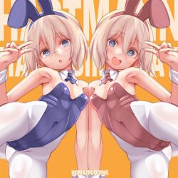 Rule 34 | animal ears, ascot, blonde hair, blue ascot, blue eyes, blue leotard, detached collar, erica hartmann, highleg, highleg leotard, highres, leotard, pantyhose, playboy bunny, puddinghomhom, rabbit ears, red ascot, red leotard, short hair, siblings, standing, standing on one leg, strapless, strapless leotard, strike witches, strike witches: suomus misfits squadron, text background, twins, ursula hartmann, v, white pantyhose, world witches series, wrist cuffs, yellow background