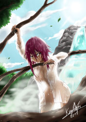 Rule 34 | 10s, 1girl, 2015, absurdres, bad id, bad pixiv id, blush, branch, breasts, brown eyes, cleavage, collarbone, dated, female focus, hair between eyes, highres, izayoi aki, large breasts, long hair, looking at viewer, naked shirt, nature, open clothes, open mouth, open shirt, red hair, see-through, shirt, signature, solo, tree, water, waterfall, wet, wet clothes, wet hair, yellow eyes, yu-gi-oh!, yu-gi-oh! 5d&#039;s