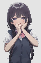 Rule 34 | 1girl, alternate hairstyle, black hair, bow, bowtie, braid, collared shirt, crying, crying with eyes open, dress shirt, grey background, hair ornament, hairclip, hand on own cheek, hand on own face, hand to own mouth, hands on own face, hands up, highres, long hair, looking at viewer, nijisanji, purple eyes, red bow, red bowtie, school uniform, shirt, short sleeves, sidelocks, simple background, solo, streaming tears, sweater vest, tears, tsukino mito, twin braids, twintails, usirome, virtual youtuber, white shirt