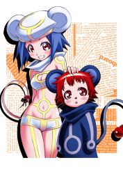 Rule 34 | 1boy, 1girl, akatsuki akira, animal ears, blue hair, breasts, cleavage, cleavage cutout, clothing cutout, highres, mouse ears, mouse tail, navel, red eyes, red hair, small breasts, smile, tail, whiskers