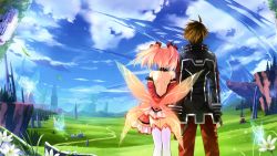 Rule 34 | 1boy, 1girl, alyn (fairy fencer f), brown hair, detached sleeves, fairy fencer f, fang (fairy fencer f), frills, from behind, game cg, official art, red hair, ribbon, scenery, skirt, tsunako, twintails
