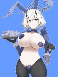 Rule 34 | 1girl, animal ears, black gloves, black halo, black pantyhose, blue archive, blue background, blush, braid, breasts, chibi, closed mouth, collarbone, crotchless, crotchless pantyhose, fake animal ears, gloves, grey hair, halo, hands up, heart pasties, highres, holding, holding tray, horns, large breasts, long sleeves, meme attire, outline, pantyhose, pasties, rabbit ears, reverse bunnysuit, reverse outfit, sena (blue archive), short hair, shrug (clothing), stomach, strapless bottom, tray, uni gyoza, white outline, x x, yellow eyes