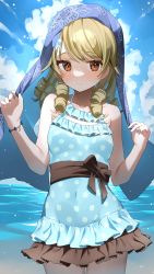 Rule 34 | 1girl, absurdres, blonde hair, blue sky, blush, breasts, cloud, covered navel, cowboy shot, drill hair, floral print, frilled swimsuit, frills, hair scarf, highres, idolmaster, idolmaster cinderella girls, looking at viewer, morikubo nono, ningen mame, one-piece swimsuit, outdoors, polka dot, polka dot swimsuit, sky, small breasts, smile, solo, swimsuit