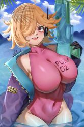 Rule 34 | 1girl, bare legs, black gloves, blue sky, breasts, covered navel, curvy, day, feet out of frame, gloves, hair over one eye, highleg, highleg swimsuit, highres, jacket, jacket on shoulders, klopsiak, large breasts, looking at viewer, one-piece swimsuit, one piece, orange hair, pink eyes, purple one-piece swimsuit, shiny clothes, shiny skin, sky, swimsuit, vegapunk lilith, water, water gun, wet, wide hips