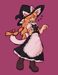 Rule 34 | 1girl, animal ears, apron, black headwear, black skirt, black vest, boots, braid, brown footwear, buttons, cat ears, cat tail, frilled skirt, frills, gzpxllztt, hat, highres, kirisame marisa, paw pose, pink ribbon, puffy short sleeves, puffy sleeves, red eyes, ribbon, shirt, short sleeves, single braid, skirt, tail, touhou, vest, waist apron, white apron, white shirt, white tail, witch hat, yellow eyes