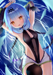Rule 34 | 1girl, absurdres, arms up, azur lane, black one-piece swimsuit, blue hair, breasts, commentary, detached sleeves, highres, humo, long hair, looking at viewer, nautilus (azur lane), navel, one-piece swimsuit, see-through, single thighhigh, small breasts, solo, swimsuit, thighhighs, yellow eyes, zipper