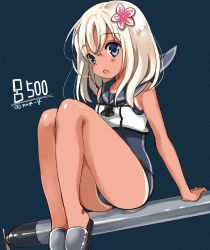 Rule 34 | 1girl, black one-piece swimsuit, blonde hair, blue background, blue eyes, character name, crop top, full body, gouda nagi, kantai collection, long hair, one-piece swimsuit, one-piece tan, open mouth, ro-500 (kancolle), sailor collar, sandals, school swimsuit, simple background, sitting, solo, swimsuit, swimsuit under clothes, tan, tanline, teeth, torpedo, twitter username, upper teeth only