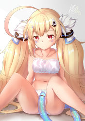 Rule 34 | 1girl, absurdres, ahoge, ass, azur lane, bad id, bad pixiv id, bare arms, bare legs, bare shoulders, bikini, blonde hair, breasts, collarbone, eldridge (azur lane), electricity, facial mark, hair ornament, highres, knees up, long hair, looking at viewer, low twintails, navel, ponta (velmar), red eyes, sidelocks, signature, sitting, small breasts, solo, stomach, swimsuit, tail, thighs, twintails, very long hair, white bikini