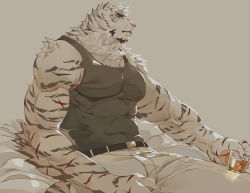 Rule 34 | 1boy, animal ears, arknights, bara, black tank top, commentary request, covered abs, furry, furry male, hinokumo f, large pectorals, male focus, mature male, mountain (arknights), muscular, muscular male, pants, pectorals, scar, short hair, solo, tank top, tiger boy, tiger ears, white fur, white hair