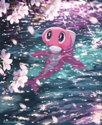 Rule 34 | animal focus, artist name, cherry blossoms, colored skin, commentary request, creatures (company), fish, forked tail, game freak, highres, kaminokefusa, nintendo, no humans, partially submerged, pink skin, pokemon, pokemon (creature), sunlight, tail, tatsugiri, tatsugiri (droopy), twitter username, water