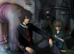 Rule 34 | 1girl, 2boys, animal, armored core, armored core: for answer, blanket, brown hair, cat, collar, everyone, from software, jacket, looking at viewer, multiple boys, poster (medium), purple eyes, sewer, strayed