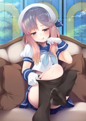 Rule 34 | 1girl, :p, black legwear, blue neckerchief, blue ribbon, blue skirt, blush, closed mouth, cloud, couch, day, feet, gloves, gradient hair, hair ornament, hat, indoors, kantai collection, long hair, mofu namako, multicolored hair, neckerchief, no shoes, pillow, pleated skirt, puffy short sleeves, puffy sleeves, purple eyes, purple hair, ribbon, sailor hat, school uniform, serafuku, short sleeves, sidelocks, sitting, skirt, sky, smile, solo, thighhighs pull, tongue, tongue out, tsushima (kancolle), white gloves, white hat