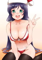 Rule 34 | 10s, 1girl, breasts, cleavage, female focus, green eyes, hat, homura shinji, large breasts, long hair, love live!, love live! school idol project, purple hair, santa costume, santa hat, smile, solo, thighhighs, tojo nozomi, twintails, w