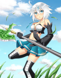Rule 34 | 1girl, absurdres, ahoge, axe, bad id, bad pixiv id, bare shoulders, black gloves, blue eyes, borrowed character, breasts, chroma000, chroma (chroma000), cleavage, day, elbow gloves, gloves, grass, hair ornament, hairclip, highres, holding, jewelry, medium breasts, navel, original, parted lips, pendant, pleated skirt, short hair, silver hair, skirt, sky, solo, thighhighs, weapon, weeds, wind, zettai ryouiki